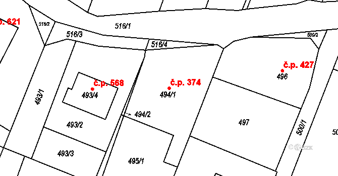 Želechovice nad Dřevnicí 374 na parcele st. 494/1 v KÚ Želechovice nad Dřevnicí, Katastrální mapa