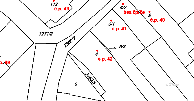 Kozlany 42 na parcele st. 4 v KÚ Kozlany u Vyškova, Katastrální mapa