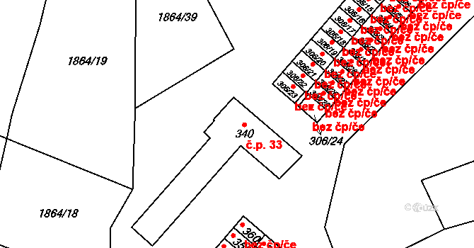 Větřní 33 na parcele st. 340 v KÚ Větřní, Katastrální mapa