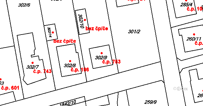 Kylešovice 753, Opava na parcele st. 302/9 v KÚ Kylešovice, Katastrální mapa