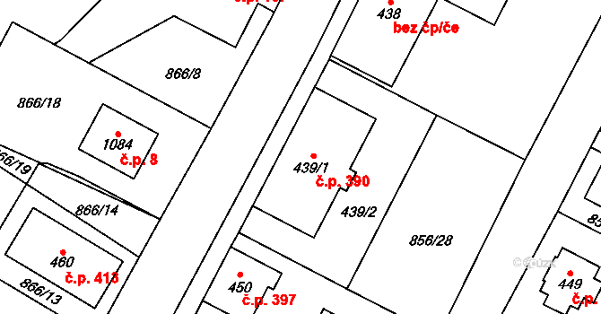 Hanušovice 390 na parcele st. 439/1 v KÚ Hanušovice, Katastrální mapa