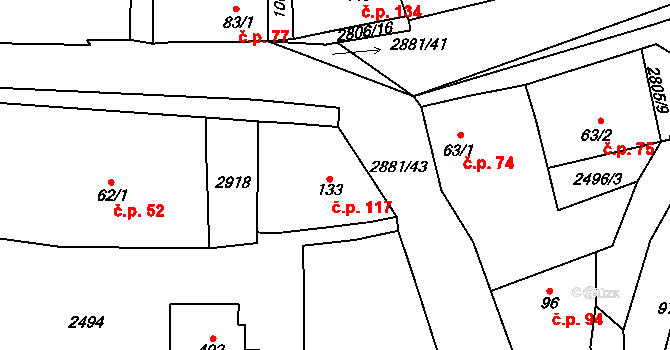 Ledce 117 na parcele st. 133 v KÚ Ledce u Plzně, Katastrální mapa