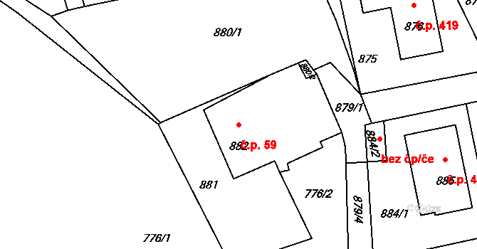 Průhonice 59 na parcele st. 882 v KÚ Průhonice, Katastrální mapa
