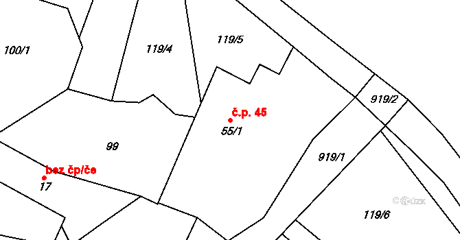 Štipoklasy 45, Plánice na parcele st. 55/1 v KÚ Štipoklasy u Lovčic, Katastrální mapa