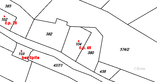 Světlá 46, Lhota pod Hořičkami na parcele st. 104 v KÚ Světlá u Hořiček, Katastrální mapa