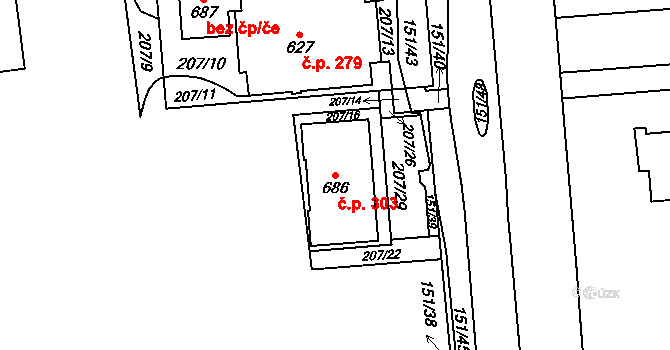 Ohrazenice 303, Pardubice na parcele st. 686 v KÚ Ohrazenice, Katastrální mapa