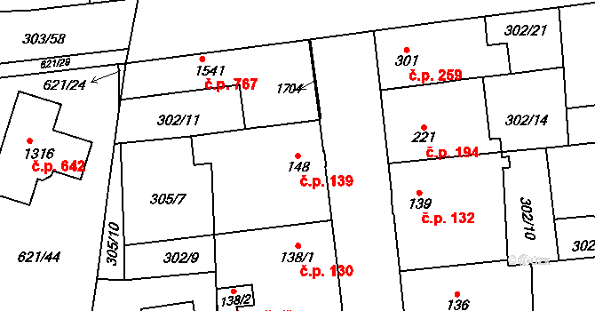 Rosice 139, Pardubice na parcele st. 148 v KÚ Rosice nad Labem, Katastrální mapa