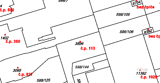 Bílé Předměstí 113, Pardubice na parcele st. 3896 v KÚ Pardubice, Katastrální mapa