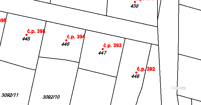 Lysice 393 na parcele st. 447 v KÚ Lysice, Katastrální mapa