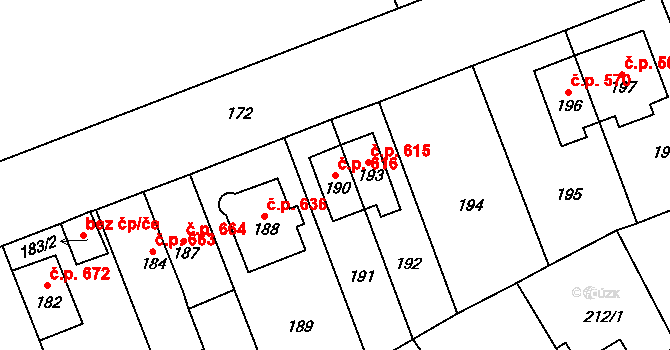 Trmice 616 na parcele st. 190 v KÚ Trmice, Katastrální mapa