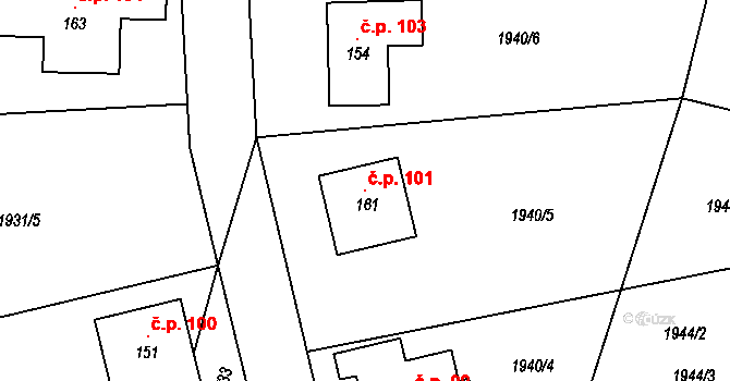 Ústrašín 101 na parcele st. 161 v KÚ Ústrašín, Katastrální mapa