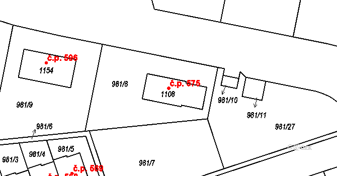 Věkoše 575, Hradec Králové na parcele st. 1108 v KÚ Věkoše, Katastrální mapa