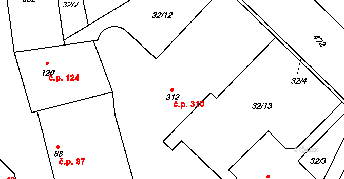 Horoměřice 310 na parcele st. 312 v KÚ Horoměřice, Katastrální mapa