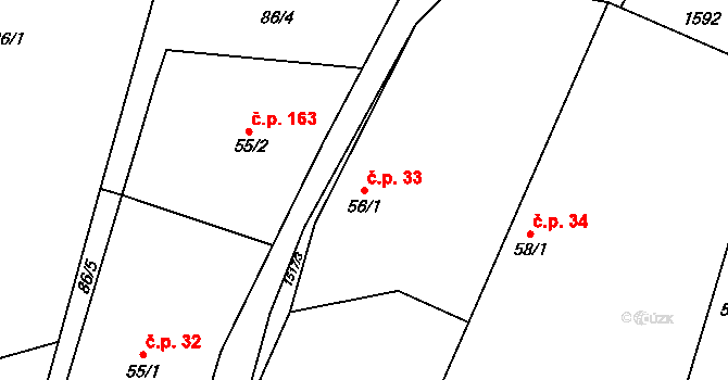 Lásenice 33 na parcele st. 56/1 v KÚ Lásenice, Katastrální mapa