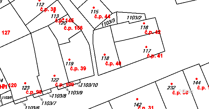 Cerhovice 40 na parcele st. 118 v KÚ Cerhovice, Katastrální mapa