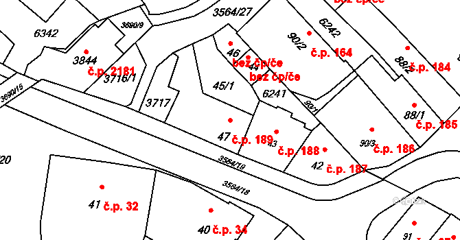 Rožnov pod Radhoštěm 189 na parcele st. 47 v KÚ Rožnov pod Radhoštěm, Katastrální mapa