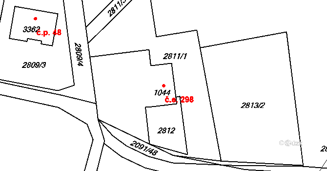 Rožnov pod Radhoštěm 298 na parcele st. 1044 v KÚ Rožnov pod Radhoštěm, Katastrální mapa