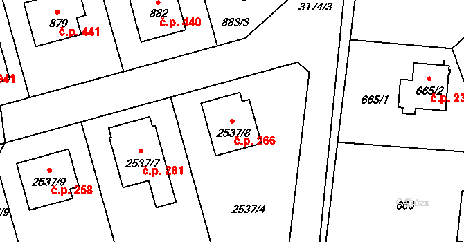 Strkov 266, Planá nad Lužnicí na parcele st. 2537/8 v KÚ Planá nad Lužnicí, Katastrální mapa