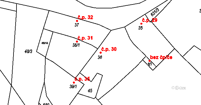 Střelskohoštická Lhota 30, Střelské Hoštice na parcele st. 36 v KÚ Střelskohoštická Lhota, Katastrální mapa