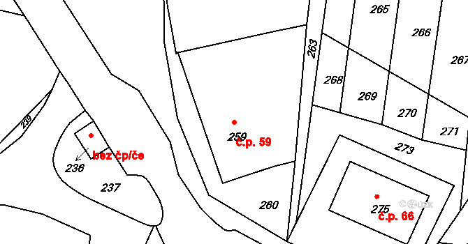 Lomy 59 na parcele st. 259 v KÚ Lomy u Jemnice, Katastrální mapa
