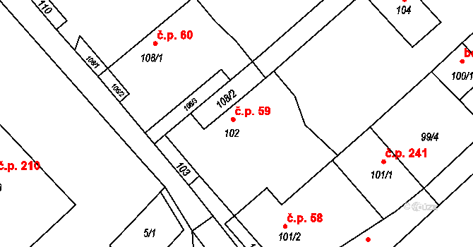 Myslibořice 59 na parcele st. 102 v KÚ Myslibořice, Katastrální mapa