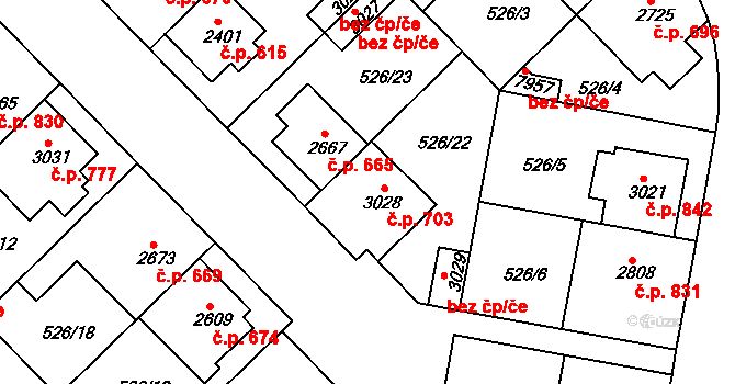 Borovina 703, Třebíč na parcele st. 3028 v KÚ Třebíč, Katastrální mapa