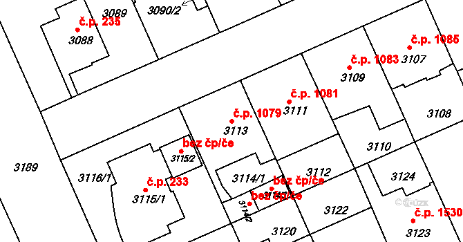 Černá Pole 1079, Brno na parcele st. 3113 v KÚ Černá Pole, Katastrální mapa