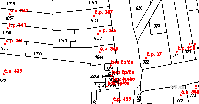 Jundrov 345, Brno na parcele st. 1044 v KÚ Jundrov, Katastrální mapa