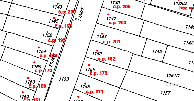 Slatina 182, Brno na parcele st. 1150 v KÚ Slatina, Katastrální mapa