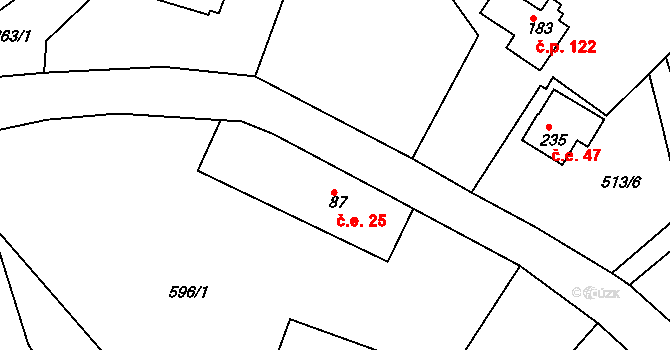 Bzí 25, Železný Brod na parcele st. 87 v KÚ Bzí u Železného Brodu, Katastrální mapa