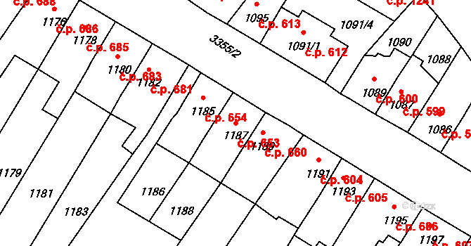 Pelhřimov 653 na parcele st. 1187 v KÚ Pelhřimov, Katastrální mapa