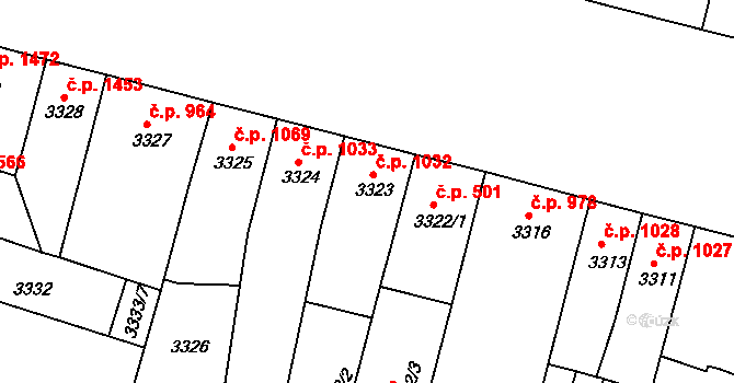 Teplice 1032 na parcele st. 3323 v KÚ Teplice, Katastrální mapa