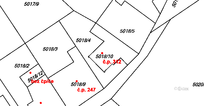 Lískovec 312, Frýdek-Místek na parcele st. 5018/10 v KÚ Lískovec u Frýdku-Místku, Katastrální mapa