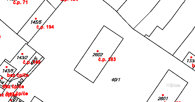 Střed 183, Rokycany na parcele st. 2602 v KÚ Rokycany, Katastrální mapa