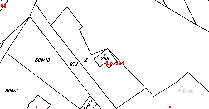 Borohrádek 231 na parcele st. 288 v KÚ Borohrádek, Katastrální mapa