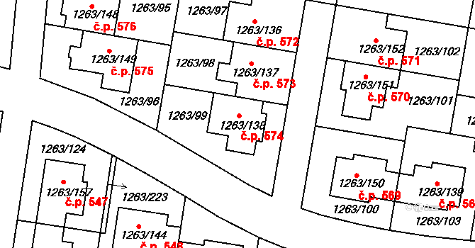 Kolovraty 574, Praha na parcele st. 1263/138 v KÚ Kolovraty, Katastrální mapa