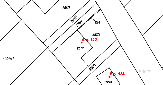 Tušť 122, Suchdol nad Lužnicí na parcele st. 257/1 v KÚ Tušť, Katastrální mapa