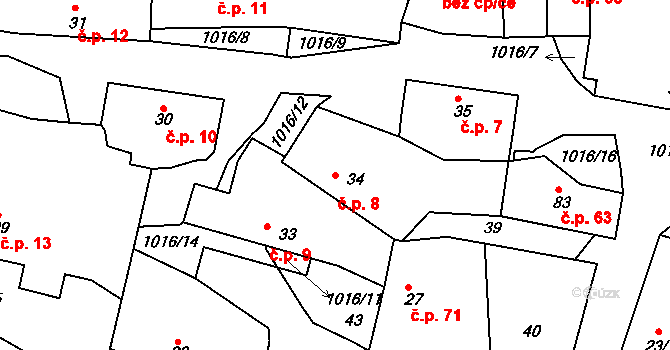 Kozárovice 8 na parcele st. 34 v KÚ Kozárovice, Katastrální mapa