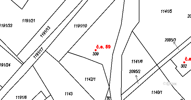 Polesí 59, Rynoltice na parcele st. 309 v KÚ Polesí u Rynoltic, Katastrální mapa