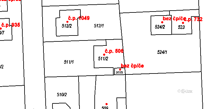 Černice 506, Plzeň na parcele st. 511/2 v KÚ Bručná, Katastrální mapa