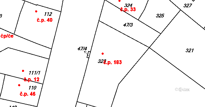 Velké Chvalovice 183, Pečky na parcele st. 323 v KÚ Velké Chvalovice, Katastrální mapa