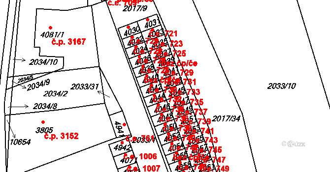 Hodonín 733 na parcele st. 4043 v KÚ Hodonín, Katastrální mapa