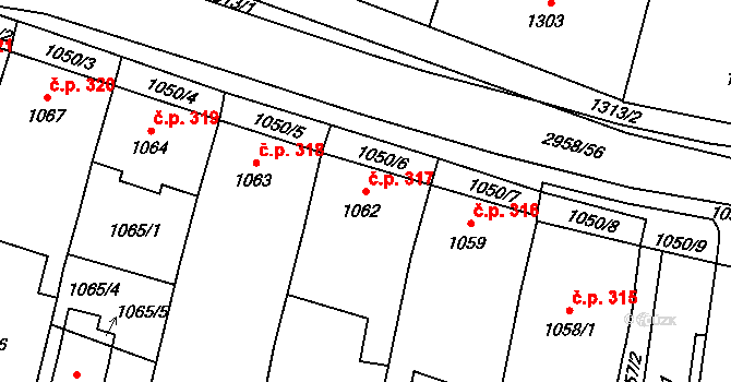 Mohelnice 317 na parcele st. 1062 v KÚ Mohelnice, Katastrální mapa