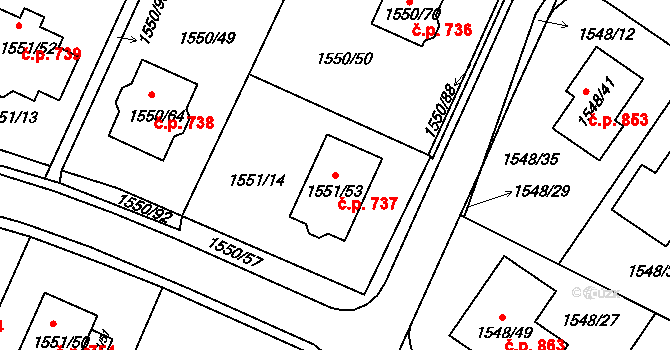 Miřetice u Klášterce nad Ohří 737, Klášterec nad Ohří na parcele st. 1551/53 v KÚ Miřetice u Klášterce nad Ohří, Katastrální mapa
