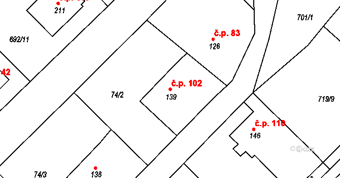Lípa nad Orlicí 102 na parcele st. 139 v KÚ Lípa nad Orlicí, Katastrální mapa
