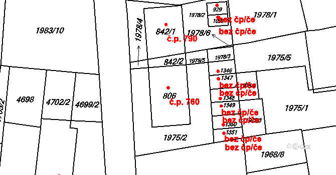 Hrušovany nad Jevišovkou 760 na parcele st. 806 v KÚ Hrušovany nad Jevišovkou, Katastrální mapa