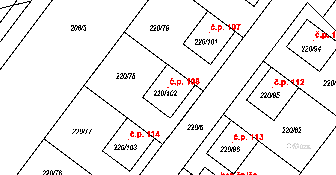 Břuchotín 108, Křelov-Břuchotín na parcele st. 220/102 v KÚ Břuchotín, Katastrální mapa