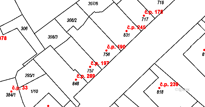 Telč-Podolí 190, Telč na parcele st. 756 v KÚ Telč, Katastrální mapa