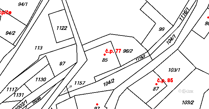 Radvanec 77 na parcele st. 85 v KÚ Radvanec, Katastrální mapa