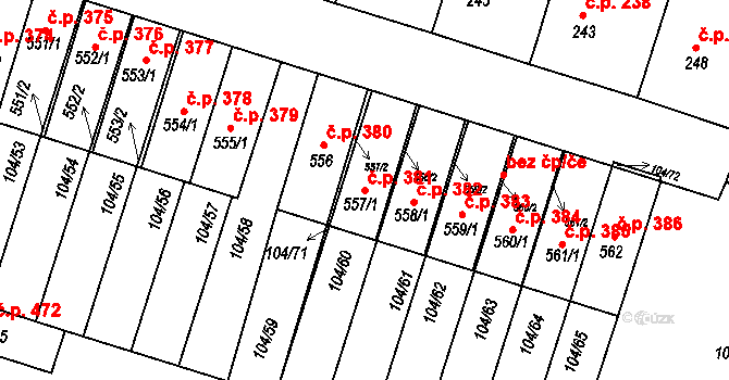 Předměřice nad Labem 381 na parcele st. 557/1 v KÚ Předměřice nad Labem, Katastrální mapa
